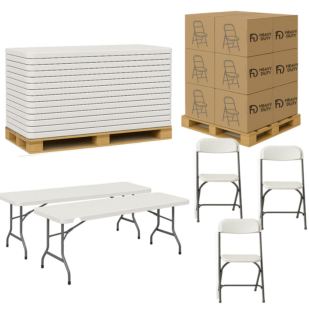 Package Deal: 100 HD Plastic Folding Chairs & 10 HD 6Ft Tables